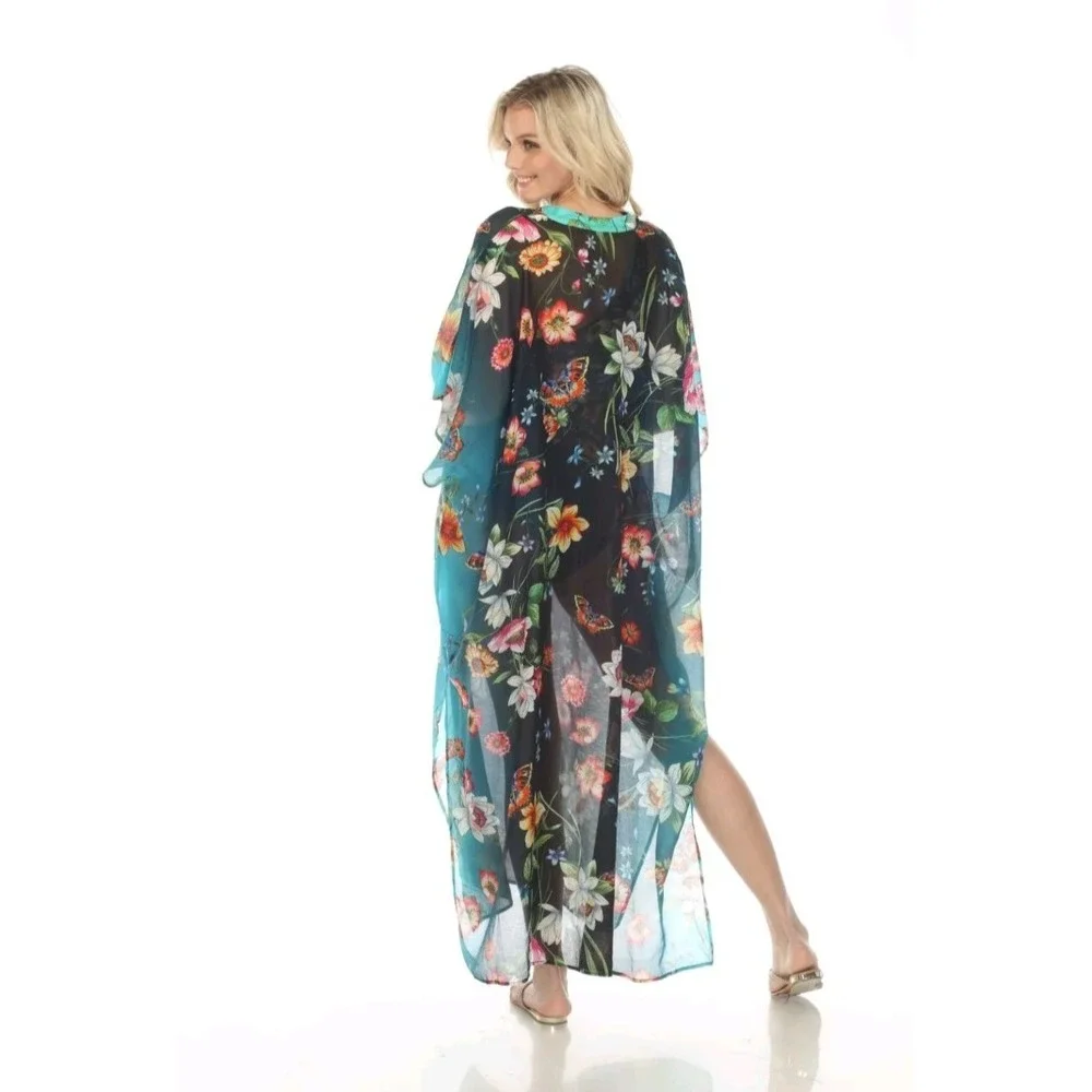 Johnny Was Ombre Garden Swim Cover Up Black NWT Beach Kaftan Boho Chic Floral